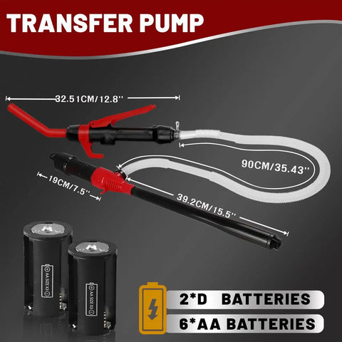Battery Powered Gas Transfer Pump With 3 Ft Hose And Flow Control Nozzle Delivers 2.2 GPM showing dimensions and battery types