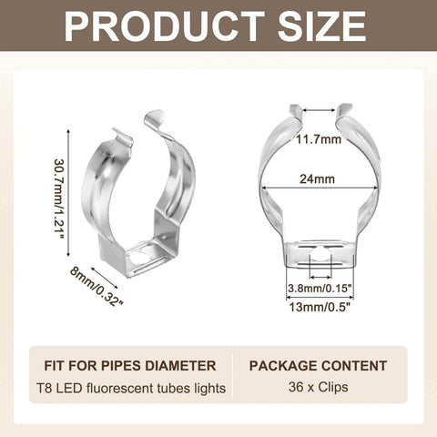 Dimensions of Easy Install T8 U Clip Light Fixture Holder Set Steel Pipe Clamps in silver tone for LED tubes, pack of 36.