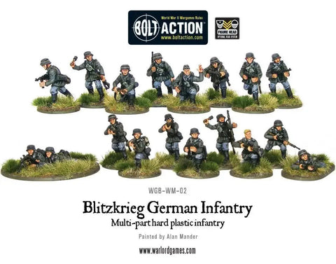 German WWII 28mm Bolt Action Infantry Miniatures Set, plastic figures displayed on grass bases, featuring soldiers with weapons.