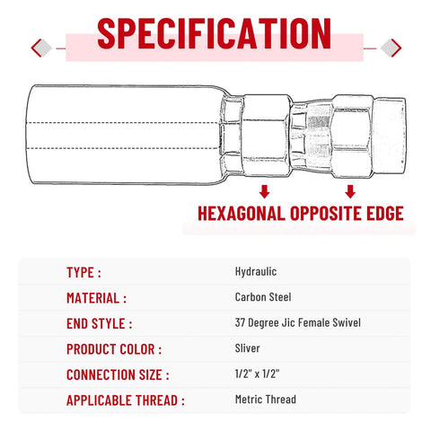 Hydraulic hose end fittings, 1/2 in ID to 1/2 in JIC 37° female, with protection cover, carbon steel, silver, 12-pack