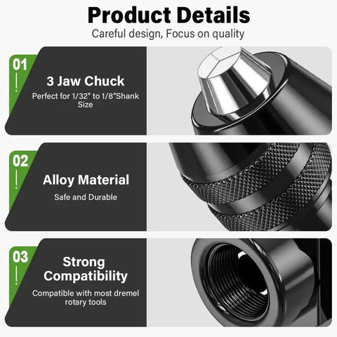 15 Piece Drill Chuck Collet Kit for Rotary Tools 0.8 To 3.2mm Shank with alloy material, 3 jaw chuck, compatible with Dremel
