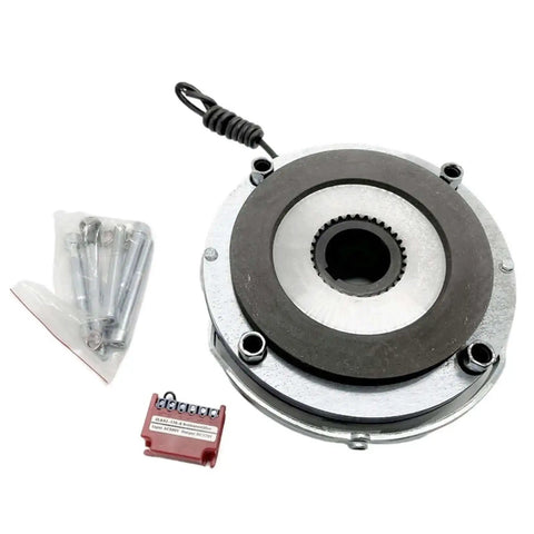 Beefy Electromagnetic Induction Brake For Industrial Equipment With Disc Brake System Rugged Heavy Duty Performance Smooth Stopping Reliable Power Hold Maintenance Free Design One Color Finish viewed from top with mounting accessories.