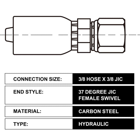 ANCIMOON hydraulic fittings diagram: 3/8 hose x 3/8 JIC, 37-degree female swivel, carbon steel.