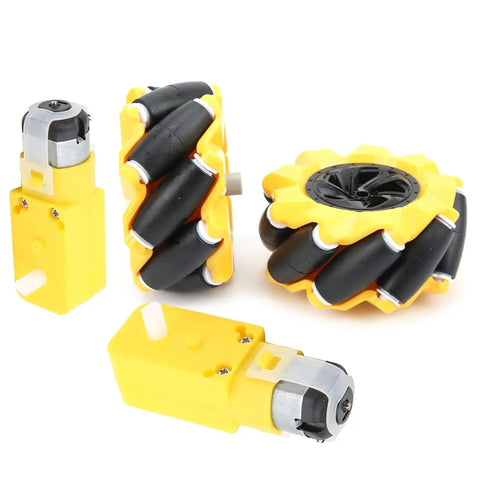 80mm Mecanum Wheel for Geared Motor 4WD Robot Car, Yellow Set with Rubber Coating and Alloy Brushes, Includes Left and Right Wheels