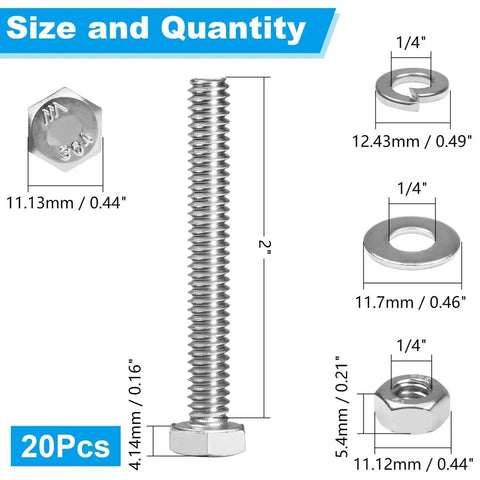 Beefy 20 Sets Heavy Duty Stainless Steel 1/4-20 X 2 Hex Head Screws Bolts Set With Nuts Flat Washers And Spring Lock Washers