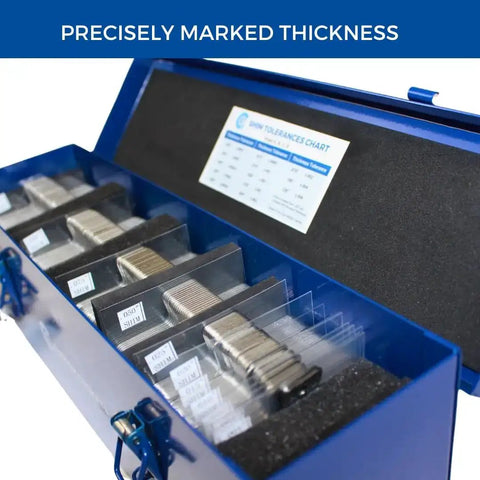 Open box of Pro Grade Stainless Steel Slotted Shim Kit 3x3 Inch Size B Pack Of 130 Shims With 0.001 To 0.125 Inch Thicknesses 304 Stainless