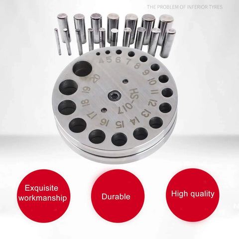 Disc Cutter Set For Jewelry Making And Metal Forming With 17 Dies Pro Grade Steel Punch Tool shown with all dies visible on base.