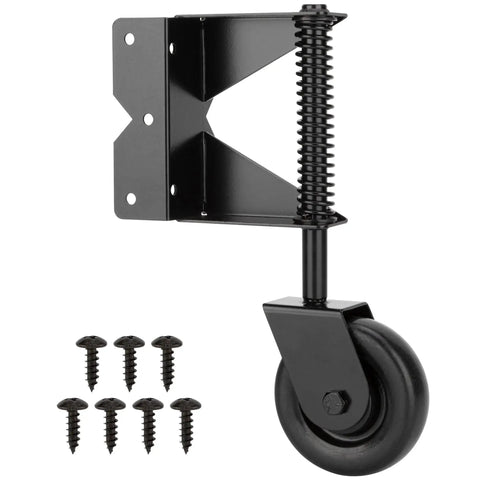 Spring Loaded Gate Caster For Wooden Gates And PVC Fences With 4 Inch Wheel, Heavy Duty, Black, showing screws and mounting plate