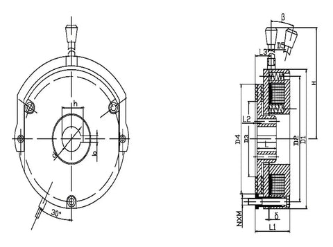 LDZ1-80 electromagnetic power-off brake, 80 N·m; front view with mounting holes side cross-section shows coil and springs.
