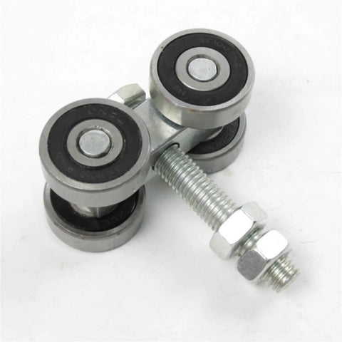 Heavy Duty Sliding Door Hanging Wheel Set For Industrial Warehouse And Plant Use, Orbital Track Bearing For 300 To 400 Kg Doors, Industrial Grade Hanging Pulley Wheel, 2 Pieces, close-up view showing metal wheels and bolt.