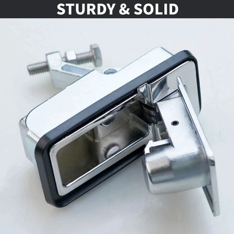 Front view of chrome Loclink compression latch lock for boat hatches; marine-grade zinc alloy