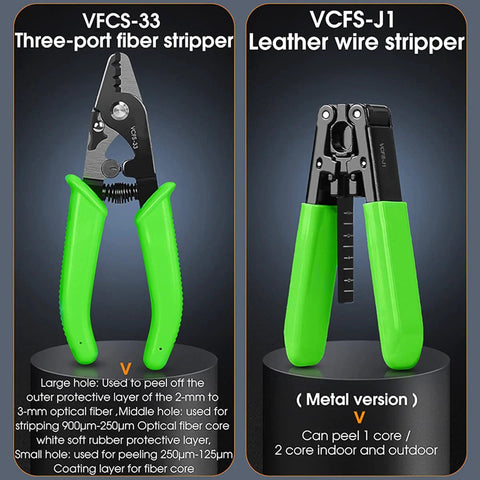 Two green-handled strippers: left VFCS-33 three-port fiber stripper, right VCFS-J1 leather wire stripper.