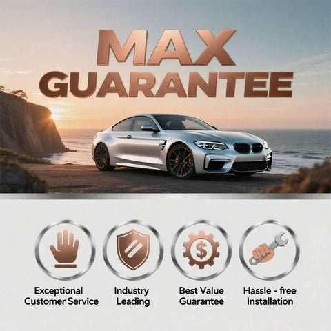 Silver sports car by ocean at sunset with text 'MAX GUARANTEE' above quality assurance icons
