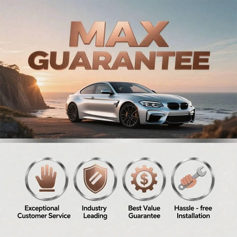 Silver sports car on coastal road with 'Max Guarantee' text and icons for customer service, industry leading, value guarantee, and installation.