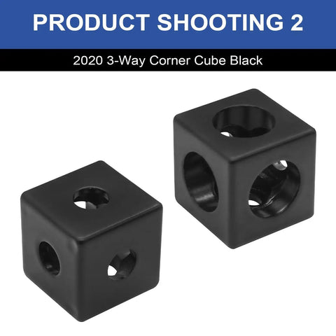 Two black 2020 corner cube M6 connectors for V-Slot aluminum extrusion, product shooting shot