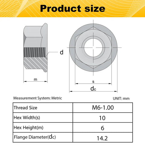 Product size chart for 55 Pack M6 Serrated Flange Hex Nuts M6 1 Mm Hexagon Flange Nuts 304 Stainless Steel Metric Fasteners