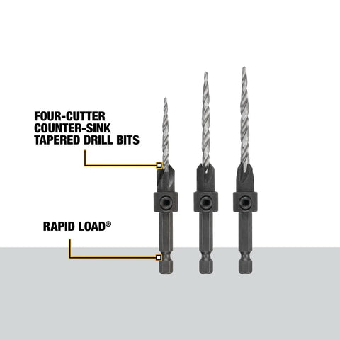 Workhorse Woodworking Countersink Drill Bit Set For A Clean Finish, 3 Piece, Sizes 6, 8, 10, Four Cutter Countersink And Tapered Drill Bits