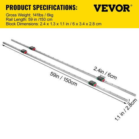 Linear guide rails set, two 59-inch aluminum rails with four square carriage blocks, VEVOR