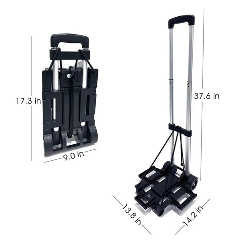 Extendable Car Seat Travel Cart For Airports with folding stowable base plate and smooth wheels, shown folded and extended