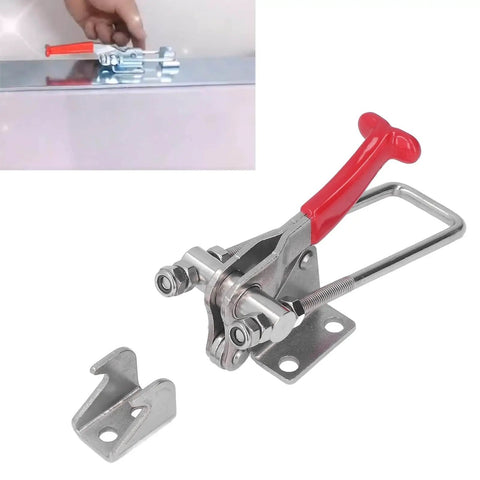 Quick Release Toggle Clamp With Adjustable Span for vertical clamping, holding power, stainless steel, woodworking tool shown.
