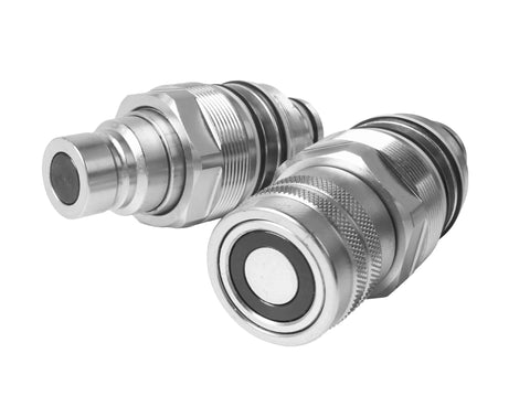 MIKODA hydraulic flat-face coupler kit, male and female connectors, metal finish, 46mm thread, Bobcat compatible