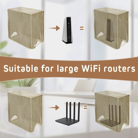 Otoolling Large WiFi Router Cover shown with beige packaging bags and a black router illustrating EMF shield concept