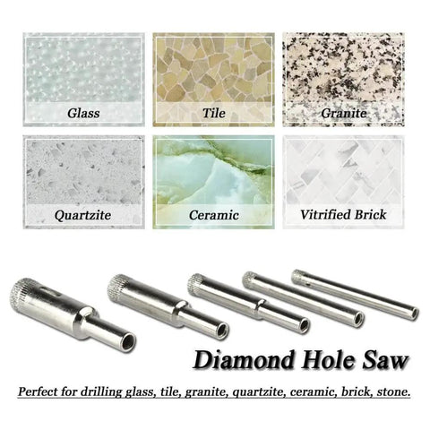 Diamond Hole Saw Drill Bit Set For Tile Ceramic Glass Marble And Stone, 10 Pieces Hollow Core Bits in various sizes displayed with materials