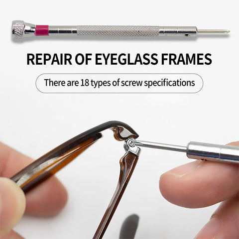 Micro Screw Repair Kit With Precision Screwdriver used for eyeglass frame repair, 18 types of screw specifications shown