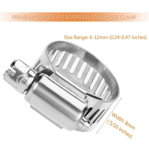 Hose clamp, stainless steel worm-gear, 6-12mm range, 8mm wide, adjustable for plumbing and automotive use