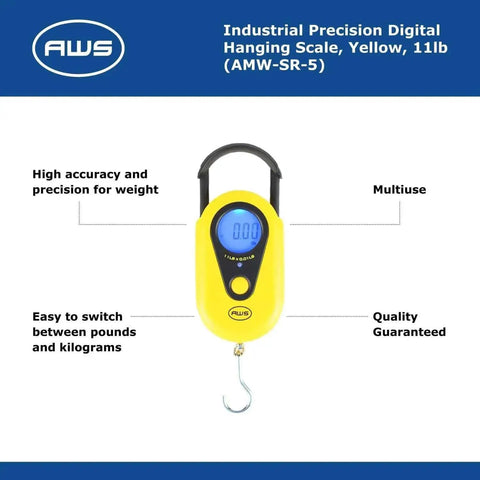Beefy Hanging Scale With 11 Pound Capacity, LCD Digital Weigh Scale In Bright Yellow, Portable With Retractable Handle And Hook