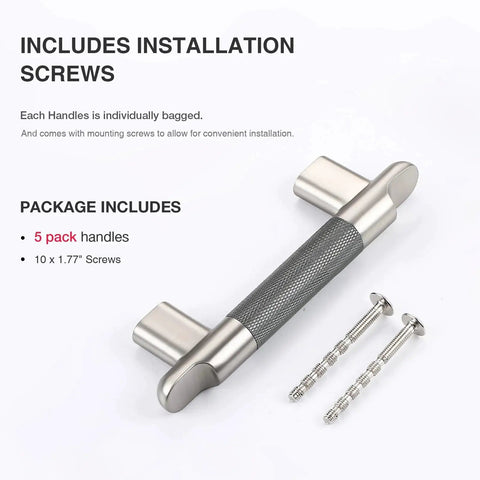 Knurled Cabinet Pulls Three And Three Quarters Inch Center To Center Five Pack In Grey And Brushed Nickel with screws shown