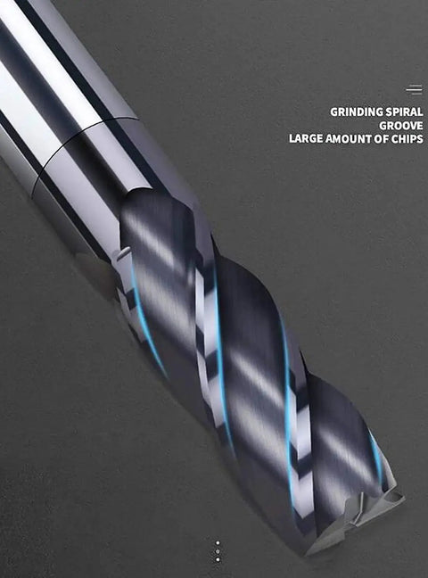 Close-up of a 4-flute tungsten carbide end mill from the 8 Piece CNC Square Nose End Mills 2mm To 12mm Set Carbide Tungsten Steel 4 Flutes Milling Cutters For Routing Router Bits Straight Shank Heavy Duty Pro Grade Tooling