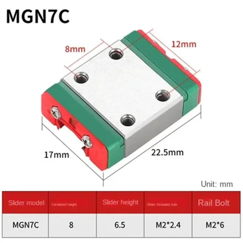 Beefy Miniature Linear Rail Slide Kit MGN7C block dimensions and specifications for DIY CNC machines and 3D printers