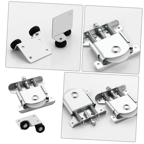 Sliding Glass Door Roller Pulleys Set for Wardrobe and Cabinet Tracks in silver steel, heavy duty, easy installation.