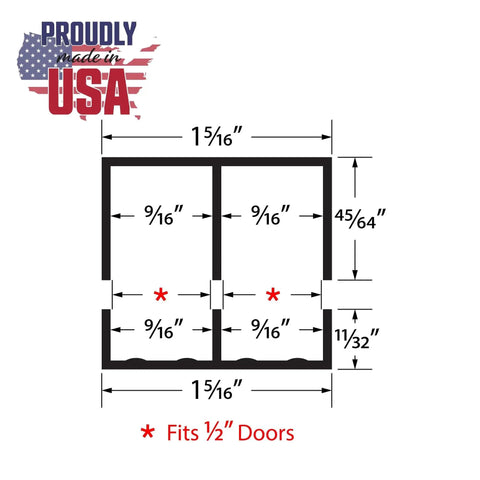 Diagram of dimensions for Half Inch Panel Sliding Door Track Set with brown plastic upper and lower rails, USA made.
