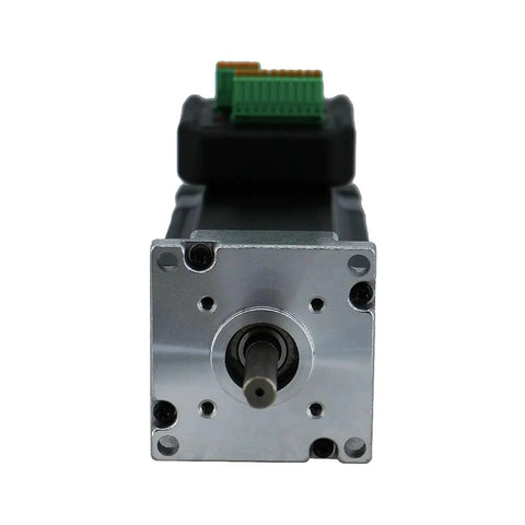Front view of NEMA23 integrated stepper motor with driver; silver front plate, black body, green terminal block