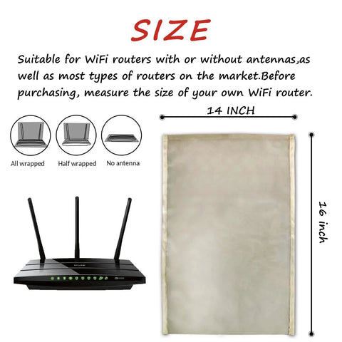 WiFi router Faraday cage cover with metallic shield panel and 14 inch by 16 inch size guide.