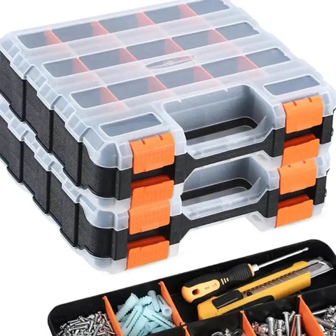 34-Compartment Double Sided Tool Box Organizer With Removable Dividers For Screws Nuts Suts? Wait, we must ensure. Sorry. The final line is: visible in stack with clear lids and orange dividers, tools shown inside.