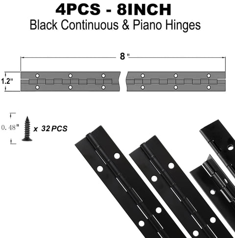 Heavy Duty Black Stainless Steel Piano Hinge Set Four Piece 8 Inch By 1.2 Inch Continuous Hinges with screws