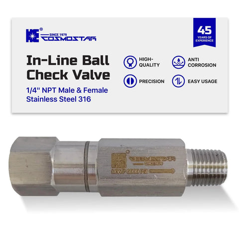 Cosmostar inline ball check valve, 1/4 NPT, stainless steel 316, male x female, 6000 PSI.