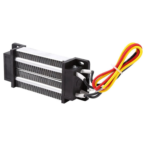 12V PTC ceramic air heater element with black plastic end mounts and red, yellow, black wires, 200W