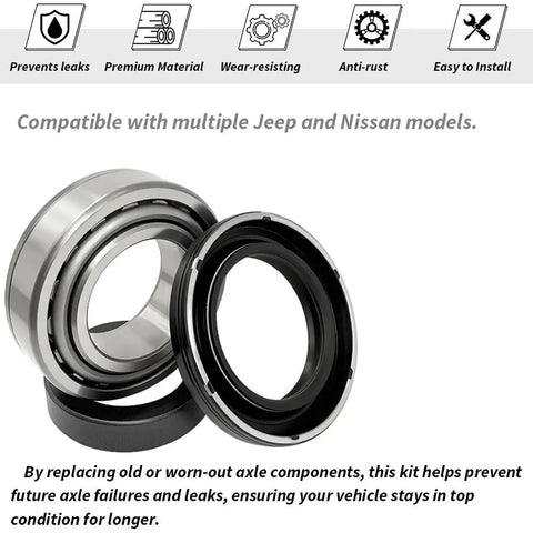 2 Piece Axle Bearing And Seal Kit For Jeep J10 CJ5 CJ6 Wrangler JK Nissan Xterra 1971 2018 Replacement Axle Seals And Bearings Set For Dana 44 Front Or Rear, showing bearings and seals with premium material description