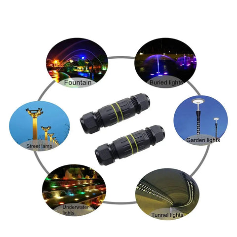 Underground IP68 Waterproof M20 Outdoor Electrical Junction Box Set 2 Pack 4 Pin Wire Connector Fits 5 to 9 mm Cables shown with lighting applications