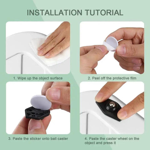 Installation tutorial showing steps to attach 16 Piece Self Adhesive Caster Wheels For Kitchen Appliances And Small Storage Boxes