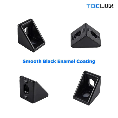 Black 2020 Corner Bracket Kit for 2020 and 2040 Aluminum Extrusion Rail in different angles, black enamel coating.