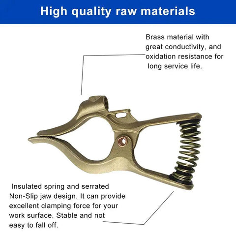 300 Amp T Style Brass Welding Ground Clamp, 7 Inch Long, Durable Brass Construction with Golden Finish, Side View