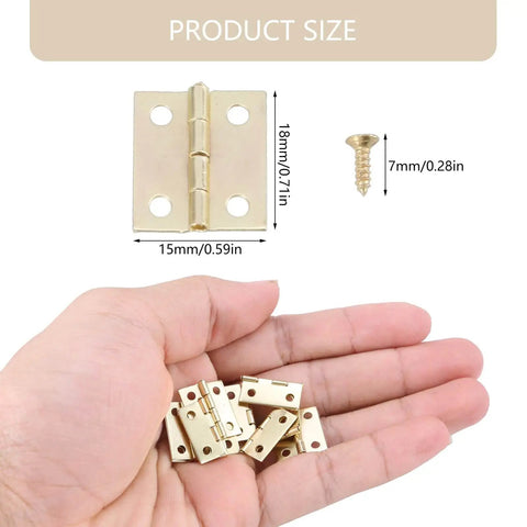 Hand holding Gold Small Hinges Set With Screws For Crafting And Decorative Boxes Metal Hinges 50 Pieces Plus 200 Screws Durable Golden Yellow Finish
