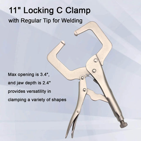 11-inch locking C clamp for welding with a 3.4-inch max opening and 2.4-inch jaw depth, part of Pro Grade 22-Piece MIG Welding Tools Kit.