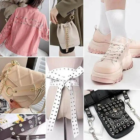 Various fashion items including shoes, bags, and clothing with metal eyelets, showcasing versatility of 4Mm Round Eyelet Grommet Kit With Single Hole Punch.
