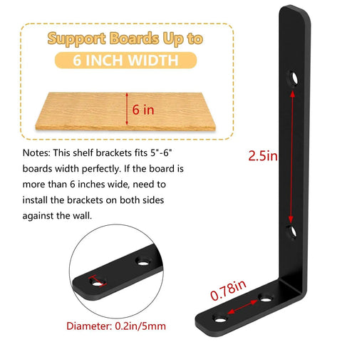 Diagram showing 6-Piece L Shelf Brackets, 5x2 Inch Corner Support Brackets with dimensions for wooden shelves installation.